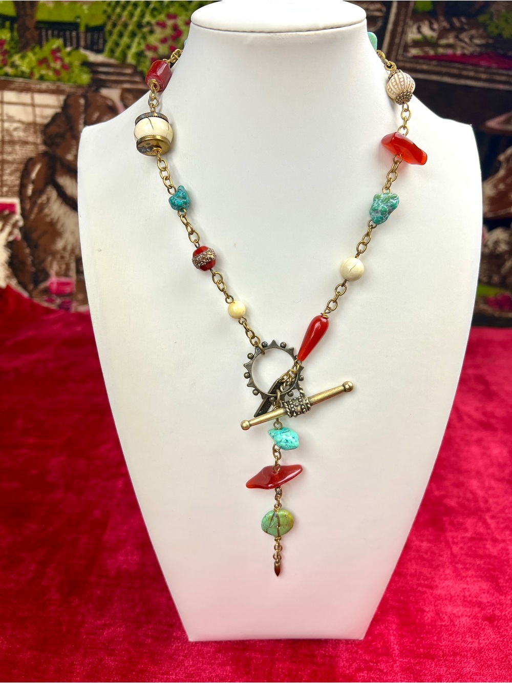 Vintage Jan Michaels Raw Turquoise & Carnelian Stone Lariat Necklace, Brass Tone